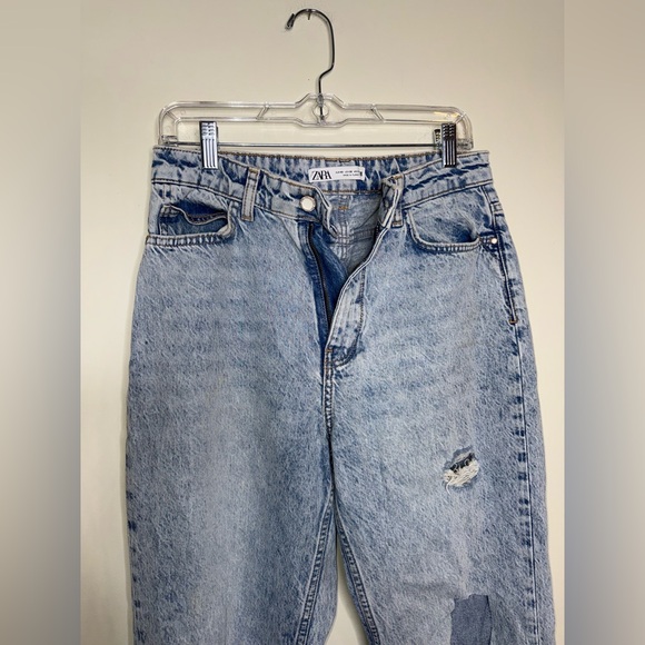 Zara Blue Denim Straight Leg Distressed High Rise Cropped Jeans - Picture 4 of 7